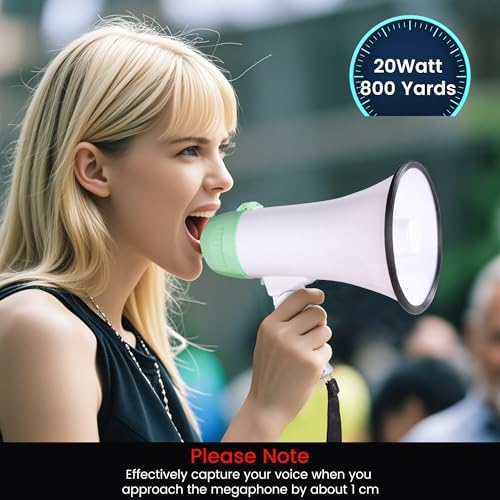 MyMealivos Portable Megaphone Bullhorn 20 Watt Power Megaphone Speaker Voice and Siren/Alarm Modes with Volume Control and Strap (White&Green)