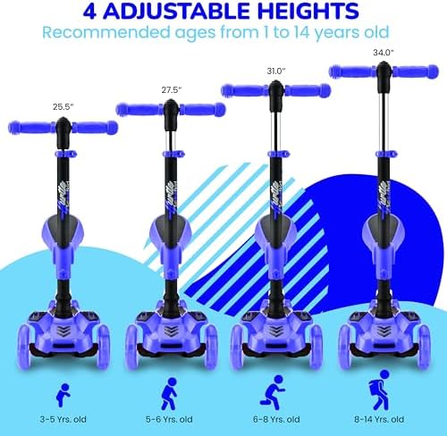 Hurtle 3-Wheeled Scooter for Kids - Wheel LED Lights, Adjustable Lean-to-Steer Handlebar, and Foldable Seat - Sit or Stand Ride with Brake for Boys and Girls Ages 1-14 Years Old
