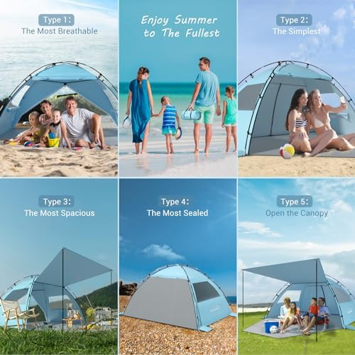 Elegear Beach Tent Sun Shelter with Canopy, 4-5 Person Pop Up Beach Tent, Easy Setup UPF 50+ UV Protection Portable Lightweight Double Silver Coating Beach Cabana Sun Shade Shelter - Sky Blue