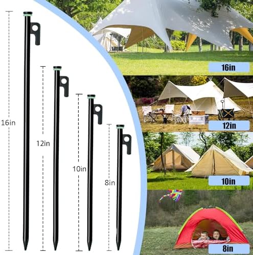 Heavy Duty 8in Forged Steel Tent Stakes (8Pcs) + 10in Tent Stakes Hammer & Storage Pouch, Ideal for Camping on Rocks