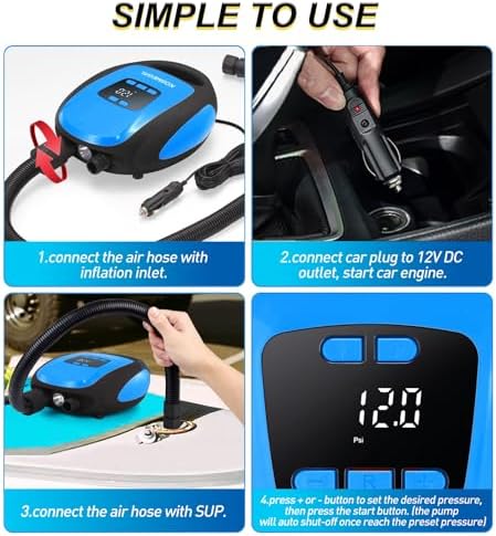 Paddle Board Pump Electric Portable, SUP Pump for Paddleboard, 20PSI Air Compressor with Auto-Off, Deflation Function and 12V DC Car Connector for Inflatables, Kayaks and Boats