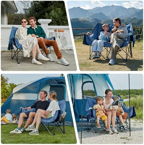 PORTAL Double Camping Chair Sofa 2 Person Loveseat Folding Thicken Camp Chair for Adults with Cup Holder, Outdoors Lawn Camp Soccer Sports, Support 600 lbs (Blue)