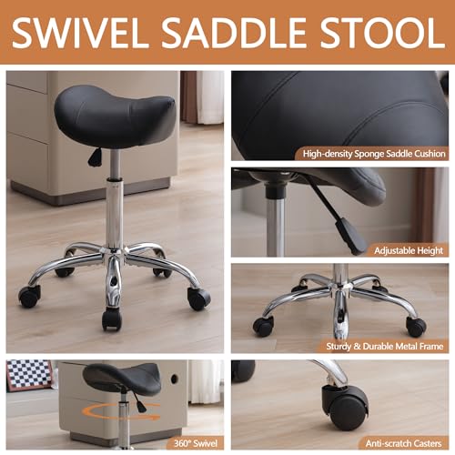 FIRAVOE Saddle Stool, Swivel Saddle Stool with Wheels, Adjustable Rolling Stool 18"-26", Faux Leather Rolling Saddle Stool for Salon, Massage, Clinic, Lab, Office (Black, 1PCS (18"-26"))