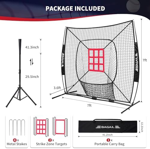 BAGAIL 7x7 ft Baseball & Softball Practice Net with Bow Frame for Batting, Hitting, Pitching, Portable Baseball Throwing Net with 2 Strike Zone Batting Tee, Carry Bag, Great for All Levels