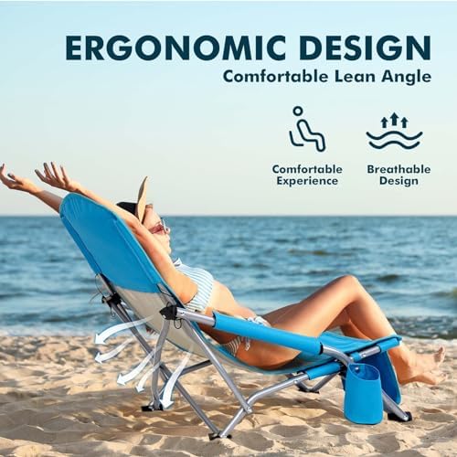 AKSOUL Folding Beach Chair for Adults: Low/High Back Chairs with Carry Bag - Extra Wide Seat Chair with Comfortable Pillow & Storage Pocket (1 Pack & 2 Pack, Blue)