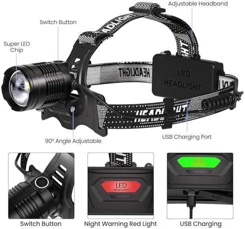 LED Headlamp Rechargeable 2Pack, 3000 Lumens Bright Head Lamp Βattery Include, 90° Adjustable Head Lights for Forehead with 3 Modes, Long Runtime & Waterproof Headlamps for Adults Camping Hiking