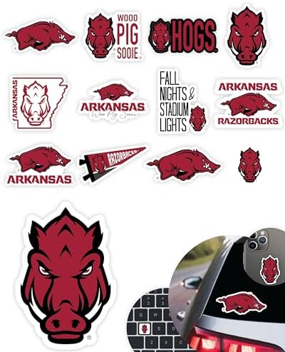 Arkansas Razorbacks Stickers (14 Piece) University of Arkansas Gifts for Men Football Fans for Car Laptop Water Bottle + 2 Large Car Decals, 10 Water Bottle Size, 2 Keyboard Size