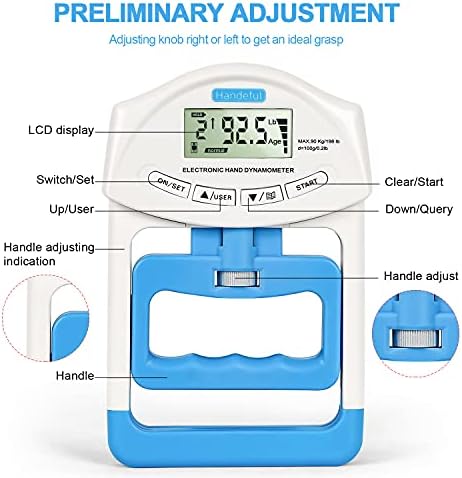 Handeful Grip Strength Tester Trainer - Dynamometer Handgrip Measurer Meter, Handheld Strengthener Exerciser for Sports, School, and Home Use (198Lbs / 90Kgs)