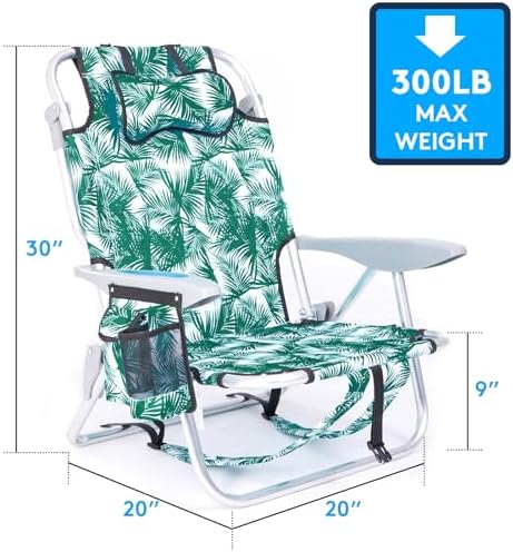 Portable Beach Chair for Adults, Outdoor Lightweight Camping Chair Lay Flat Folding Backpack Beach Reclining Chair with 4 Positions, Headrest, Cooler Pouch, Cup Holder