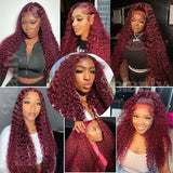 Burgundy Lace Front Wigs for Black Women 24 Inch 99J Deep Wave Wigs 13x4 Transparent Lace Frontal Wigs Glueless Wet and Wavy Red Colored Curly 100% Human Hair Wig Pre Plucked Brazilian Virgin Hair