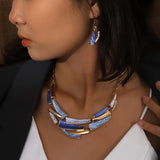 JWIGP Boho Geometric Statement Jewelry Set for Women, Blue Enamel Chunky Gold Necklace Earrings Retro Vintage Layered Chunky Collar Fashion Jewelry Gifts (Blue set)