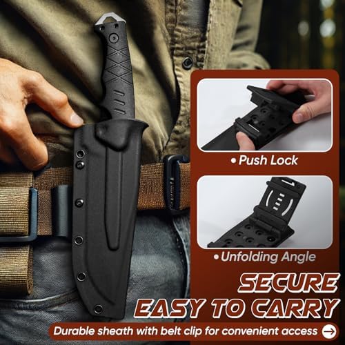 Purple Dragon Fixed Blade Knife with Kydex Sheath - D2 Steel Survival Knives for Camping, Bushcraft, Hunting - Ergonomic G10 Handle Outdoor Survival Gear Gift for Men(Black-T)