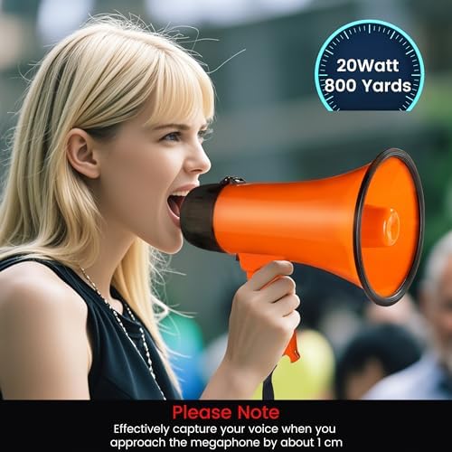 MyMealivos Portable Megaphone Bullhorn 20 Watt Power Megaphone Speaker Voice and Siren/Alarm Modes with Volume Control and Strap (Orange)