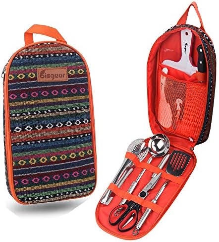 Bisgear Backpacking Camping Cookware Camp Kitchen Utensil BBQ Organizer Travel Mess Kit with Water Resistant Case, Cutting Board, Rice Paddle, Tongs, Scissors, Knife, Spork
