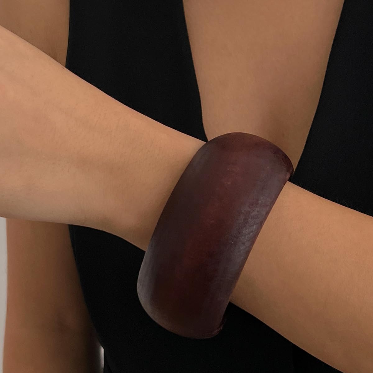 Hclian 3 Pcs Dark Brown Wooden Bangles Bracelets Set Chunky Stackable Statement Bracelets for Women Wide Irregular Geometric Bangles Jewelry Gift