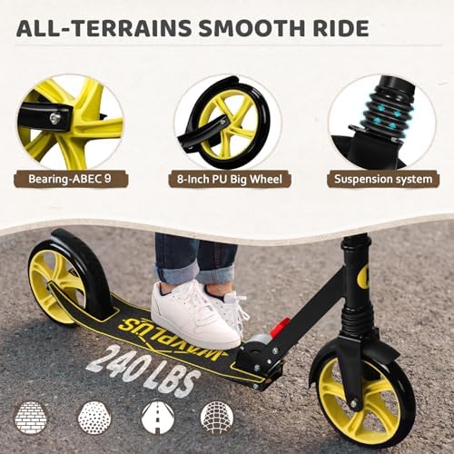 Kick Scooter for Ages 6+,Kid, Teens & Adults. Max Load 240 LBS. Foldable, Lightweight, 8IN Big Wheels for Kids, Teen and Adults, 4 Adjustable Levels. Bearing ABEC9