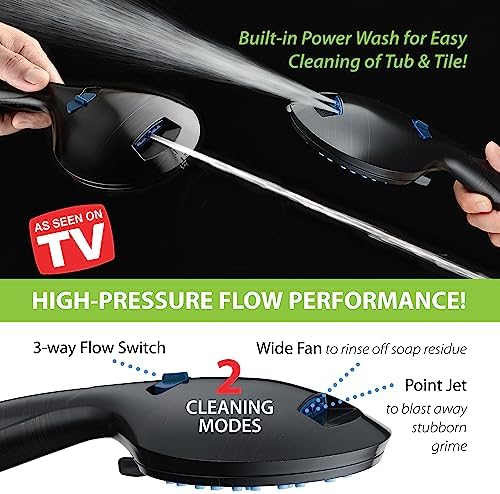 Hotel Spa AquaCare High Pressure 8-mode Handheld Shower Head, Anti-clog Nozzles - Built-in Power Wash to Clean Tub, Tile & Pets, Extra Long 6 ft. Stainless Steel Hose, Wall & Overhead Brackets