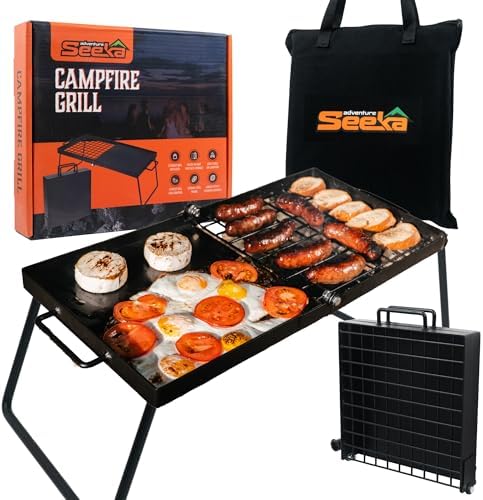 24" Heavy Duty Folding Campfire Grill, Compact Folding Design, Grill Grate & Griddle for Campfire Cooking, Australian Owned