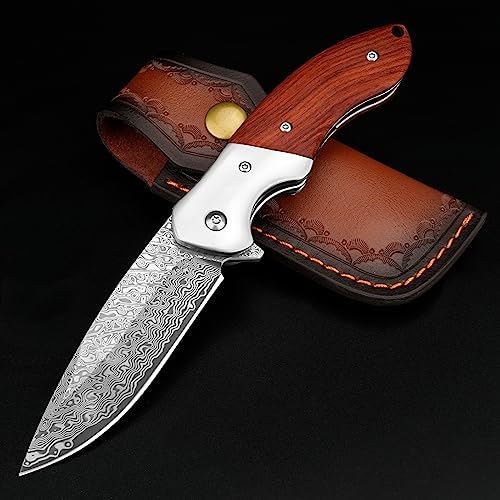 KOMWERO Damascus Pocket Knife, Sharp Damascus Steel Knife with Core VG10 Steel Blade Wood Handle, Folding Knife with Clip for Men Hunting, 60 HRC, Blade Length 3.34"