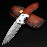 KOMWERO Damascus Pocket Knife, Sharp Damascus Steel Knife with Core VG10 Steel Blade Wood Handle, Folding Knife with Clip for Men Hunting, 60 HRC, Blade Length 3.34"