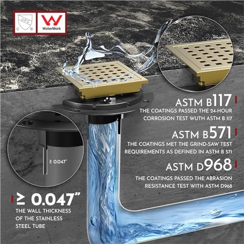 4 Inch Square Shower Floor Drain with Flange,Quadrato Pattern Grate Removable,Food-Grade SUS 304 Stainless Steel,Watermark&CUPC Certified, Brushed Gold