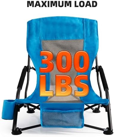 Outdoor Beach Chair for Adults Set of 2 PCS Portable Lightweight Low Back Sling Chair with Cup Holder, 300lbs Capacity Camping Chair for Patio, Lawn, Concert, Travel (Light Blue)
