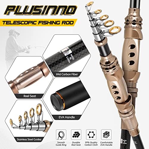 PLUSINNO Fishing Rod and Reel Combos Carbon Fiber Telescopic Fishing Pole with Reel Combo Sea Saltwater Freshwater Kit Fishing Rod Kit