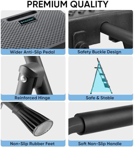 TICONN 4 Step Ladder, Heavy Duty Foldable Step Stool, Portable Steel Folding Stool for Household Garage Storage (Black)