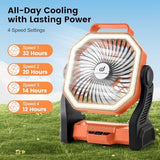 Odoland Camping Fan with LED Lantern, 20000mAh Rechargeable Battery Operated Fan, Portable Outdoor Light with Rotation Hook for Picnic Power Outage Hurricane Emergency Home Patio, Orange