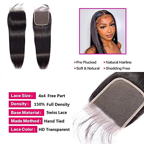 10A Brazilian Straight Human Hair 3 Bundles with Closure 16 18 20+14 Inch 100% Unprocessed Straight Virgin Hair Weave Bundles Human Hair with 4x4 HD Lace Closure