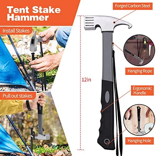 Forged Steel Tent Stakes, 8/16pcs, Heavy Duty ,10in and 12in Camping Hammer Set + Storage Pouch, Available in Rocky Place Dessert Snowfield and Grassland