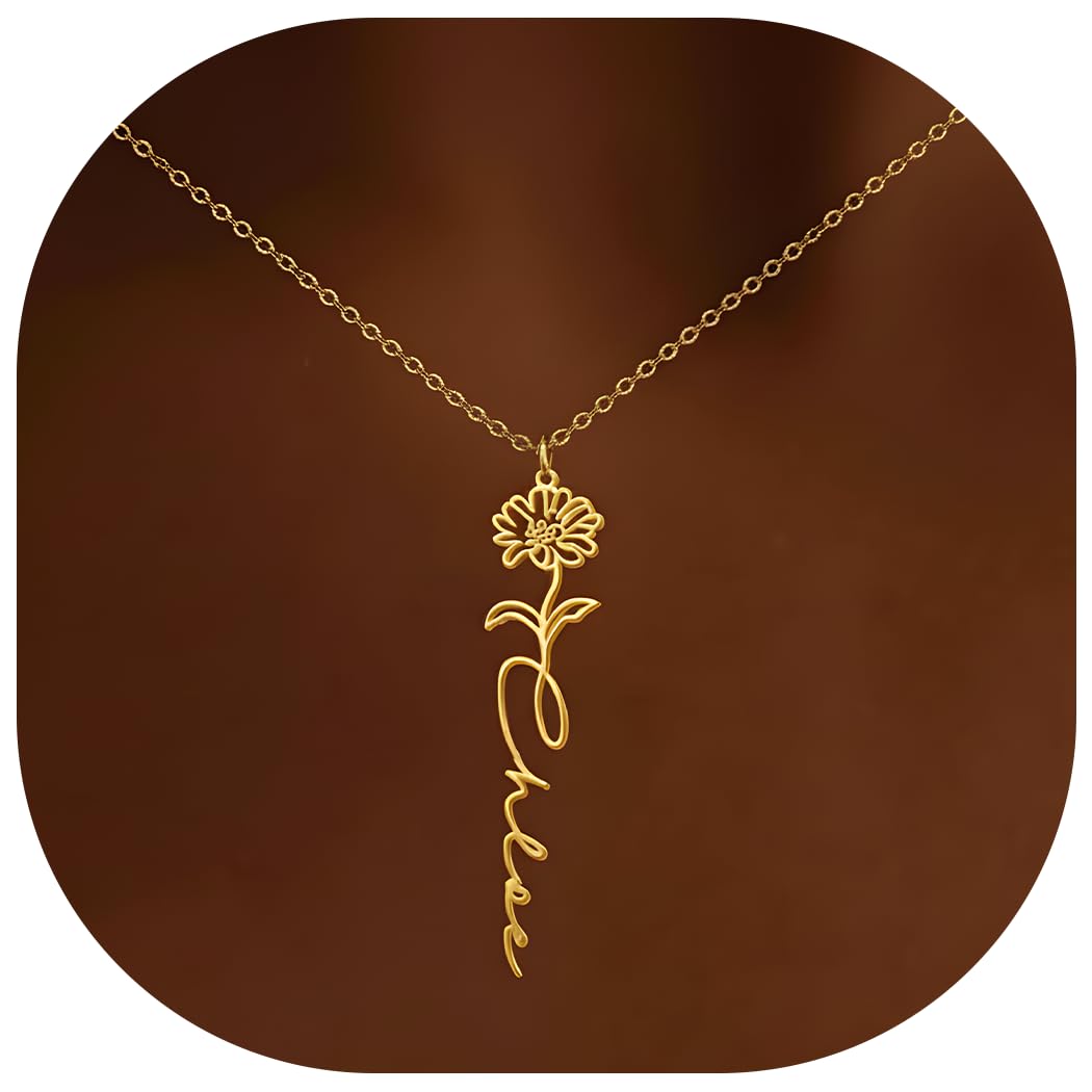 Elemtansy Custom Name Necklace with Birth Flower, Personalized Jewelry Necklaces for Women, 18K Gold Name Plate Necklaces Personalized Mothers Day Birthday Gifts for Women Sister Best Friend