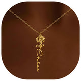 Elemtansy Custom Name Necklace with Birth Flower, Personalized Jewelry Necklaces for Women, 18K Gold Name Plate Necklaces Personalized Mothers Day Birthday Gifts for Women Sister Best Friend