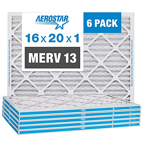 Aerostar 16x20x1 MERV 13 - 6 Count - Pleated HVAC, Furnace & Air Conditioner Filters - Removes Bacteria, Dust, Cold & Flu Germs, Lint, Mold, Pet Dander, Allergy-Causing Pollen, Smog, Smoke & Viruses