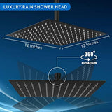 Voolan Rain Shower Head - High Flow Large Rainfall Shower Heads Made of Stainless Steel - Waterfall Bathroom Square Showerhead - Ceiling or Wall Mount (12" Black)