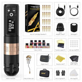 Ambition Soldier Tattoo Machine Kit Complete Rotary Wireless Tattoo Pen Gun Kit with 20pcs Glory Tattoo Cartridge Needles Practice Skin Supplies for Beginners & Professional Artists, Gold
