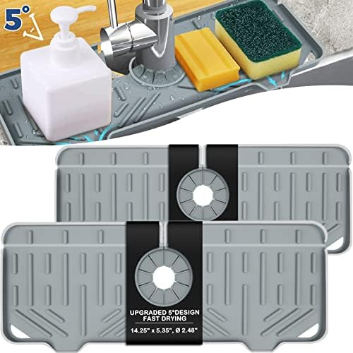 2 Pcs Silicone Faucet Handle Drip Catcher Tray, 2 in 1 Dish Soap Sponge Holder for Kitchen Sink & Splash Guard, Drying Mat for Sink Accessories, Counter, Bathroom