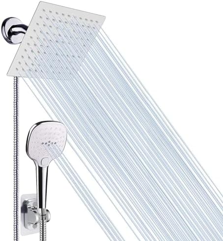 NearMoon Shower Head with Hose, High Pressure Stainless Steel Rain Shower and 3 Settings Handheld Spray Combo with Push Button Flow Control (8 Inch Showerhead Set, Chrome Finish)