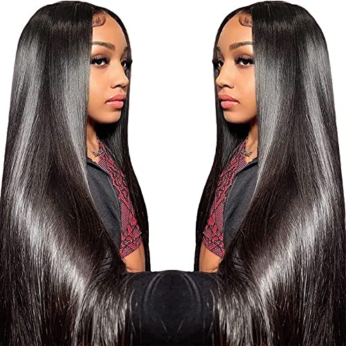 13X6 Lace Front Wigs Human Hair Pre Plucked With Baby Hair 30 Inch Straight Lace Front Wigs Human Hair 180 Density Glueless Transparent HD Lace Frontal Wigs Human Hair for Women Natural Black Color
