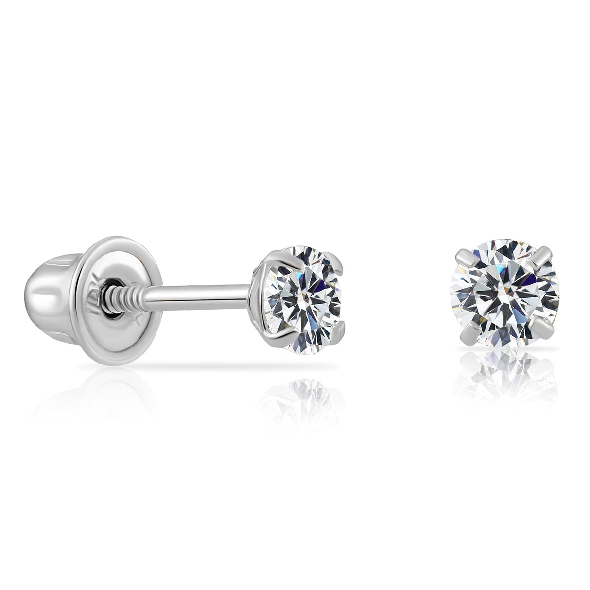 14k White Gold Solitaire Round Cubic Zirconia Stud Earrings Screw-back 3mm