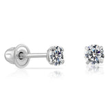 14k White Gold Solitaire Round Cubic Zirconia Stud Earrings Screw-back 3mm