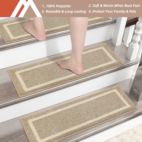 COSY HOMEER Soft Stair Treads Non-Slip Carpet Mat 28inX9in Indoor Stair Runners for Wooden Steps,Stair Rugs for Kids and Dogs, 100% Polyester TPE Backing 4pcs,Beige,Square