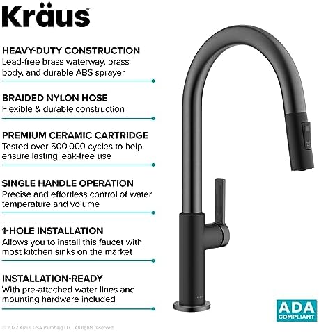 KRAUS Oletto High-Arc Single Handle Pull-Down Kitchen Sink Faucets in Spot Free Black Stainless Steel, Kitchen Faucets with Pull Down Sprayer, KPF-2820MBSFSB