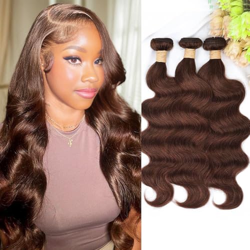 ALLRUN Brown Body Wave Bundles Human Hair 18 20 22 Inch Reddish Brown Human Hair Extensions 12A 100% Unprocessed Brazilian Virgin Hair 3 Bundles Chocolate Color Body Wave 4# Color