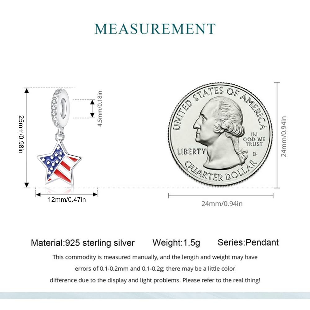 American Flag Charms for Pandora Bracelets - Sterling Silver Star Patriotic Dangle Charm fit Bracelet and Necklace 4th of July Pendant Independence Day Jewelry Gifts