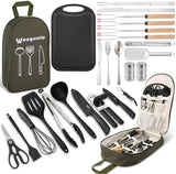 Camping Cooking Essentials Utensils Set - Camp Cookware Kitchen Accessories Kit, Camper Gear Must Haves, Stainless Steel & Silicone, RV Car Portable Outdoor Equipment Tool