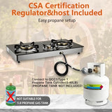 Propane Stove 3 Burner Gas Stove, 34000 BTU High-Efficiency Auto Ignition Tempered Glass LPG Cooktop with CSA Regulator and Hose – for Outdoor Camping, RV, and Emergency Cooking