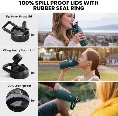 Insulated Water Bottle 32 oz, Triple Wall Vacuum Stainless Steel (Cold for 48 Hrs), Leak Proof & Non-BPA, Modern Water Flask Jug with Paracord Handle & Straw Spout Lids, Dark Green