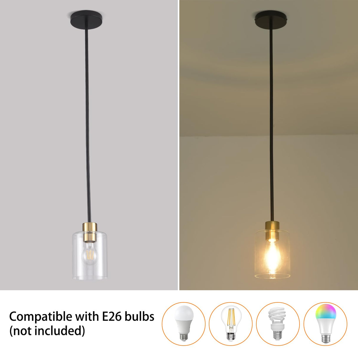 KLSS Black Brass Pendant Lights Kitchen Island - Clear Glass Pendant Light Fixture Multiple Stems Rods 3 Units 12 Inch 3 Units 4 Inch (2 Pack Black Brass Downrod)