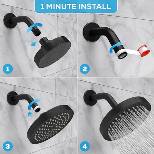 SparkPod Shower Head - High Pressure Rain - Premium Quality Luxury Design - 1-Min Install - Easy Clean Adjustable Replacement for Your Bathroom Shower Heads (Midnight Black Matte, 6 Inch Round)
